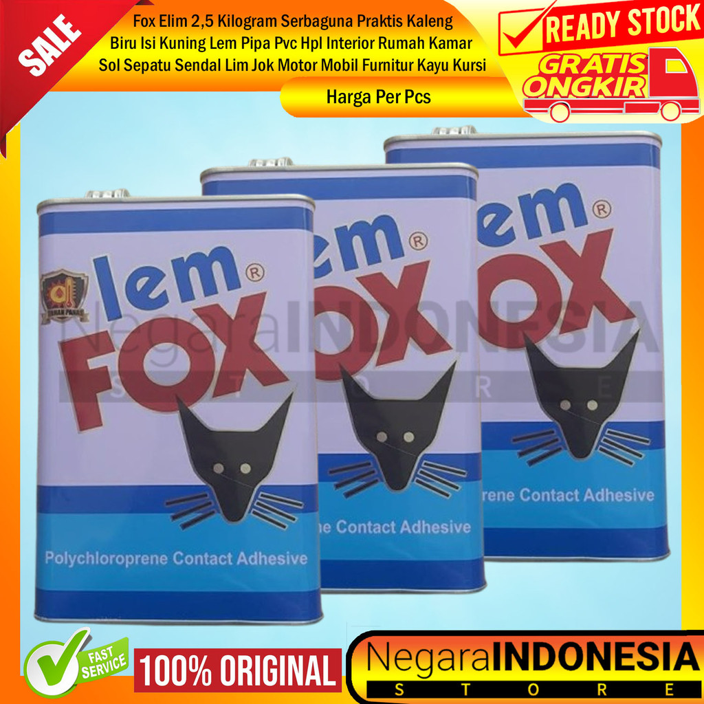 

Fox Galon 2,5kg Kaleng Biru Lem Kuning Serbaguna Lim Elim Elem Aibon Aybon Perekat Kayu Kertas Industri Sepatu HPL Kulit Karet Merah Furnitur Meja Kursi Rak Papan MDF Triplek Partisi Interior Lempox Lempok Eksterior Bangunan ANN Rumah Kantor Proyek
