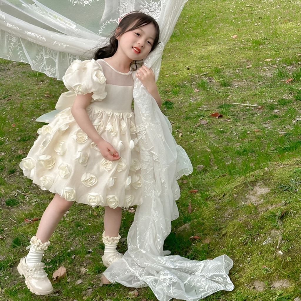 Baju Gaun Pesta Anak Perempuan Usia 1-8 Tahun Gaun Bunga Mawar Kain Buatan Tangan Lucu Dan Bergaya