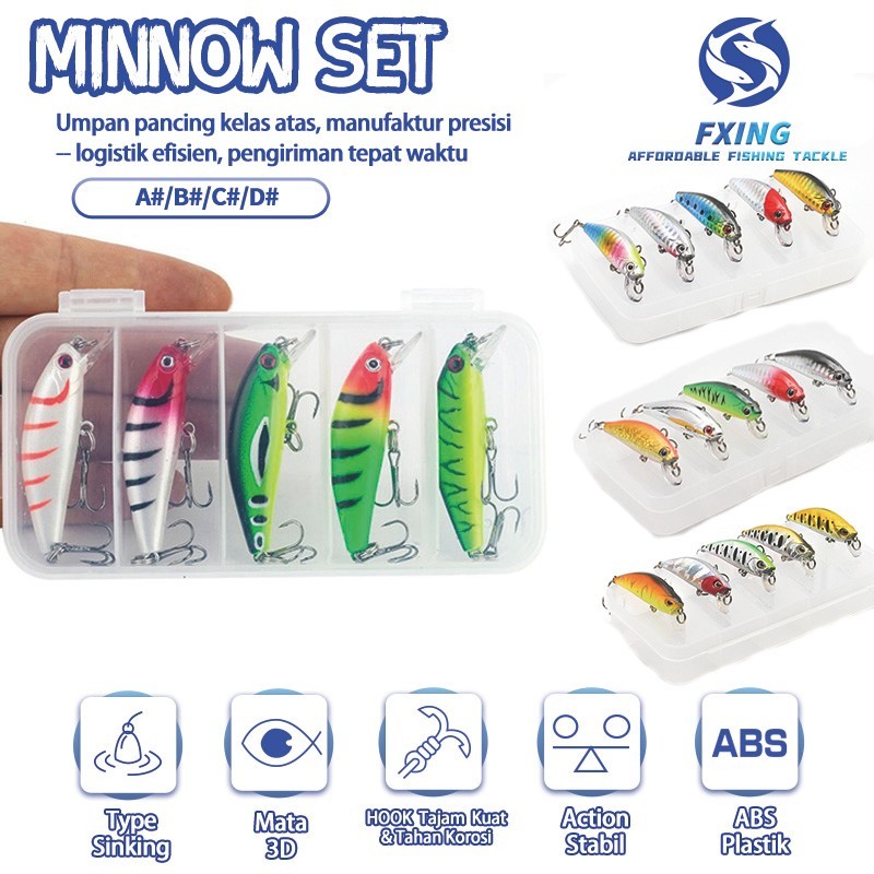 Paket 5pcs Minnow set Box Lure Umpan Casting Minow Sinking FX-893-896