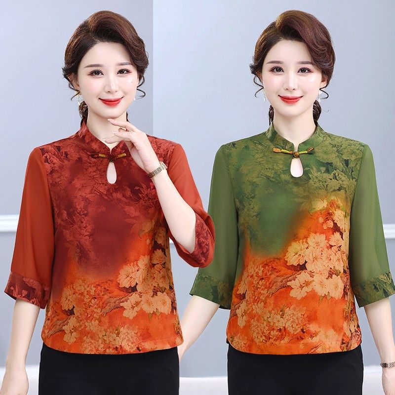 Baju Atasan Gaya Cina Berbahan Chiffon dengan Lengan Tiga Perempat, Potongan Longgar, untuk Ibu dan 