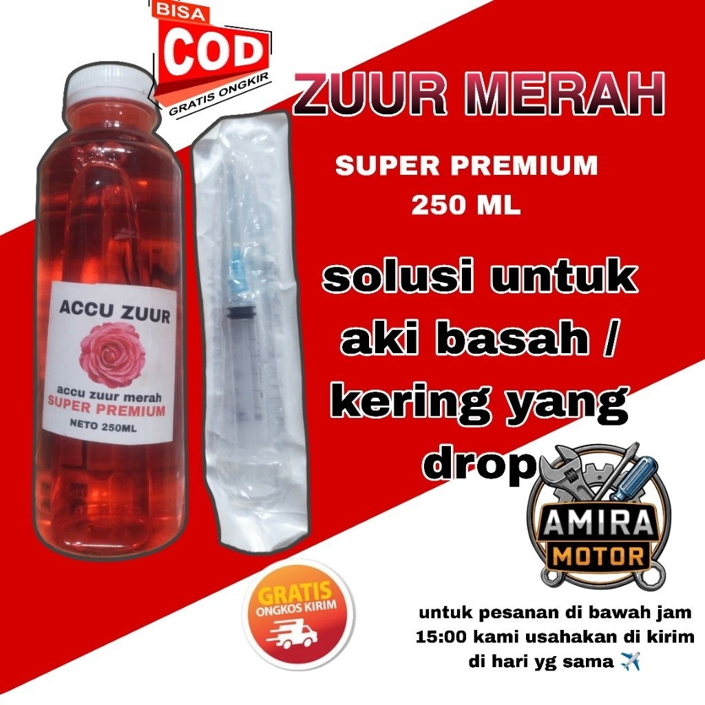 

PROMO !! LANGSUNG KIRIM zuur merah super premium 250ml Untuk aki mati aki kering atau basah bisa memakai cairan zuur merah super premium ini