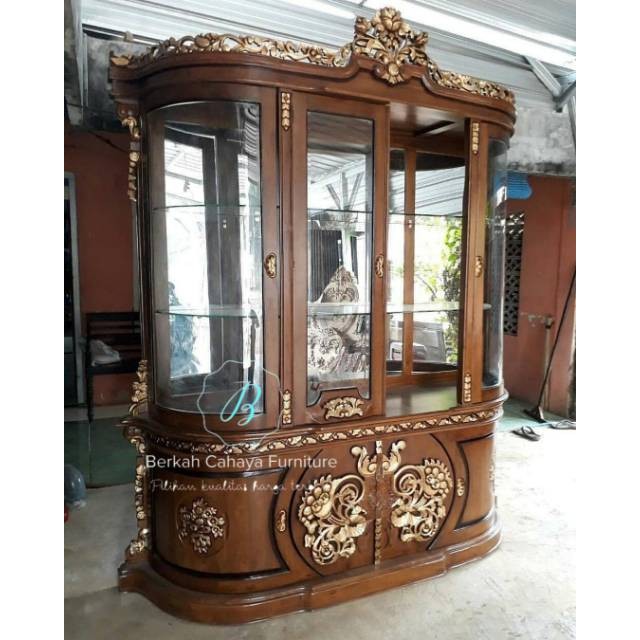 Bufet hias 4 pintu kaca kayu jati cincin ukir jepara