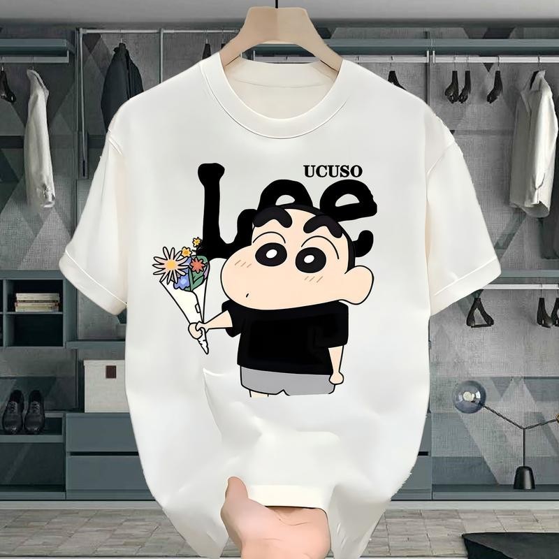 Japanese Anime Crayon Shin-chan Printed T-Shirt, Casual Fashion Style, Pure Cotton, Round Neck 210G,