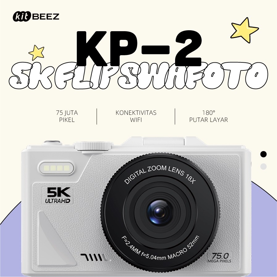 KiTBEEZ KP-2 Kamera Digital WiFi 5K Hitam Putaran 180° Zoom 18x kamera murah Dengan Dukungan Selfie 