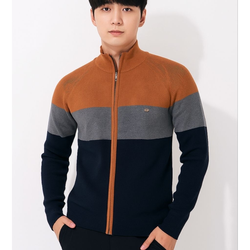 sweater rajut resleting garis pria
