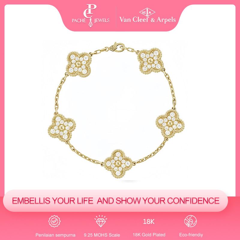 [100% Original]Van Cleef & Arpels Alhamdra Four Leaves Lucky Series Gelang /perhiasan wanita/Yellow 