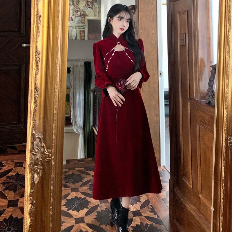 Gaun lengan panjang merah anggur, gaun beludru emas musim gugur dan musim dingin, gaun kecil.