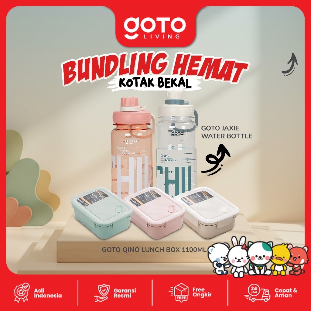[Bundling Hemat] Goto Set Kotak Bekal Makan 3 sekat Anti Tumpah + Botol Minum Water Bottle 800 ML