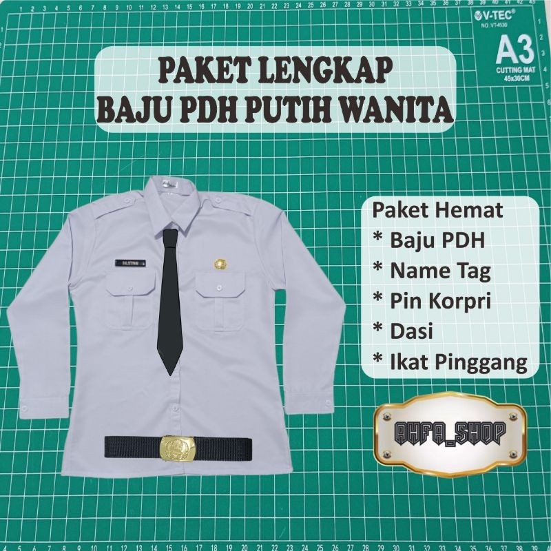 Paket Lengkap Baju PDH Putih Wanita (Baju PDH Wanita, Nametag, Pin Korpri, Dasi Hitam, Sabuk Korpri)