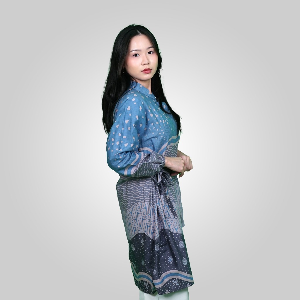 Batik Asli Cirebon Atasan Batik Wanita Tunik Dress Batik Motif SWD Biru Mop