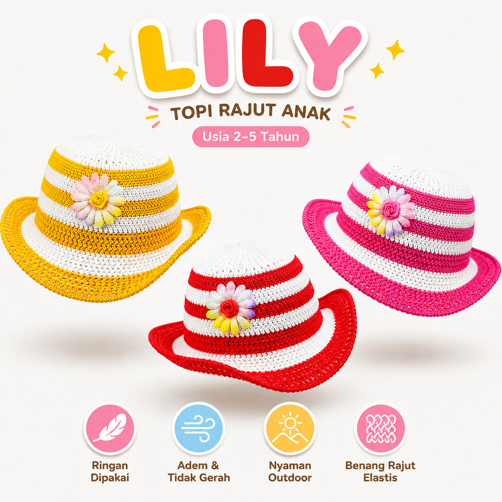 Topi Rajut Anak Perempuan Motif Bunga | Topi Cantik Rajut Lily Usia 2–5 Tahun