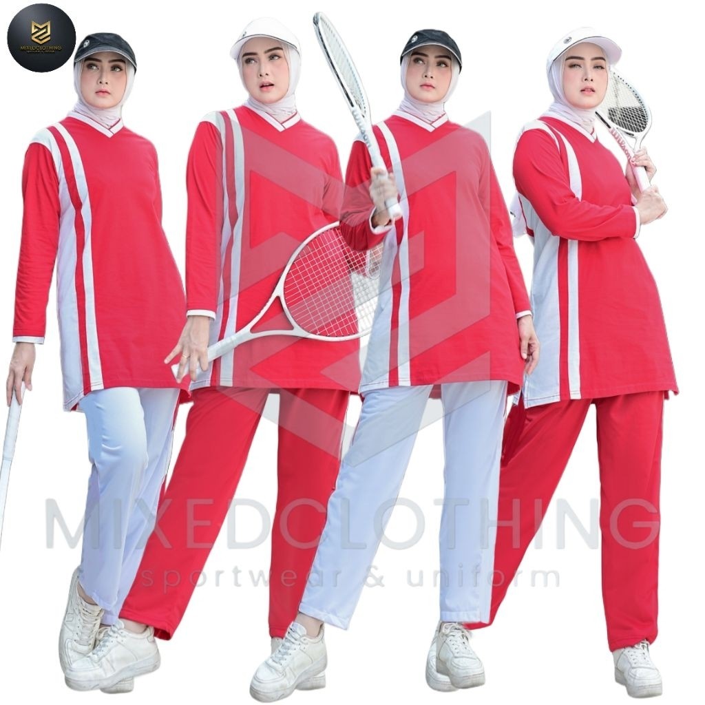 SLIDEBAR Baju setelan olahraga muslim merah putih/setelan olahraga muslimah tunik wanita