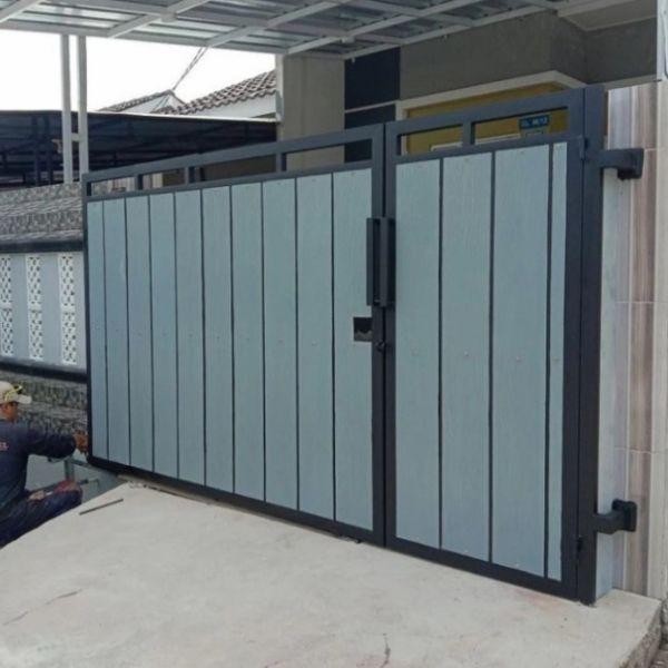 Pagar Besi Lisplank GRC Motif Kayu Minimalis Frame Holo Galvanis 4x6 Isian Kisi Besi 2x4 Finishing E