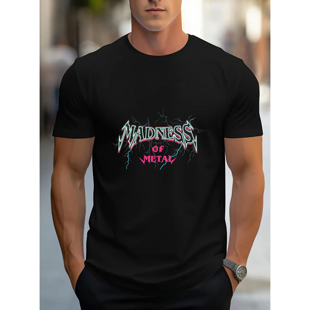 Kaos Grafis Pria "MADNESS" - Kaos Leher Bulat Putih, Lengan Pendek, Polyester, Potongan Longgar, Des