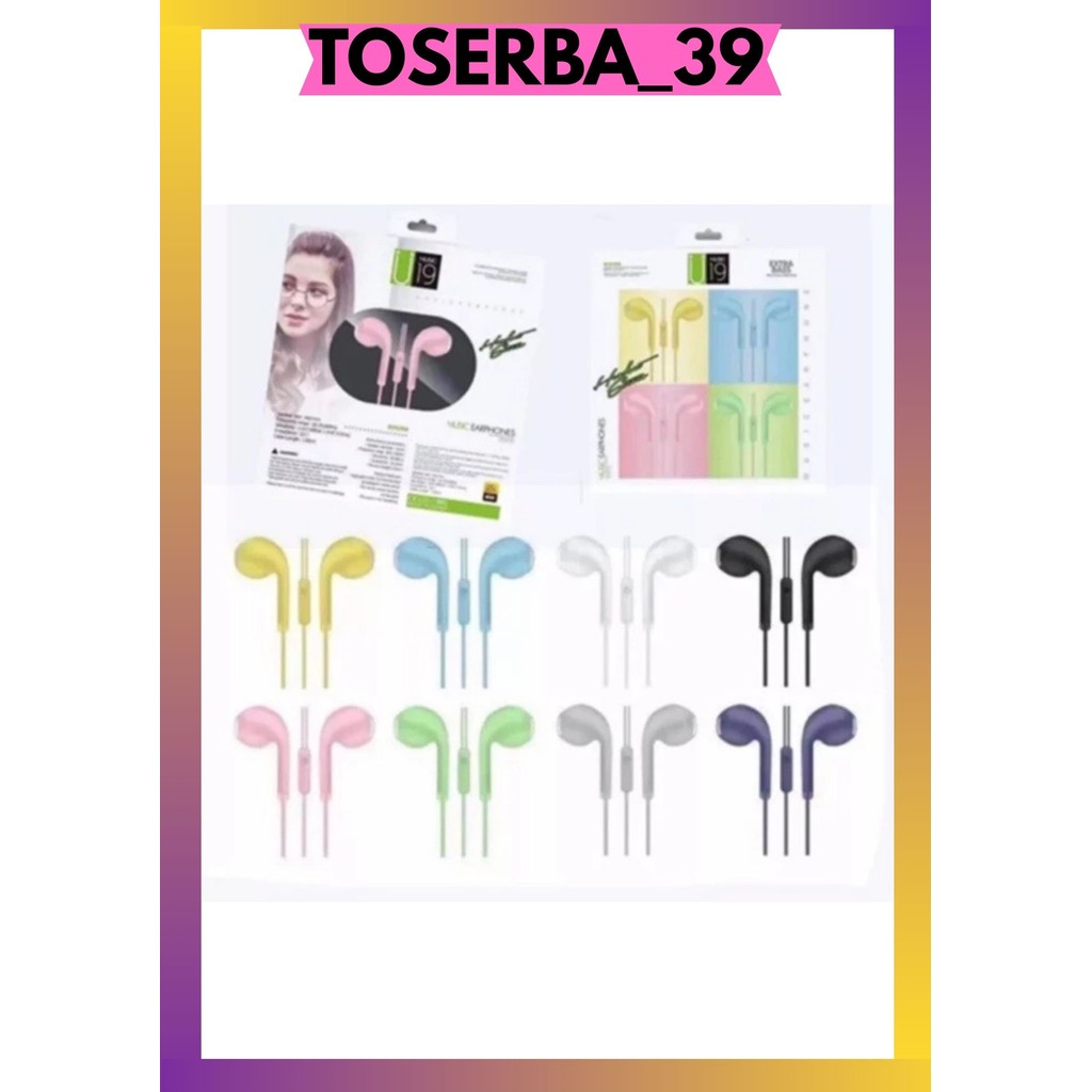 T39 HEADSET U19 PACKING IMPORT / HANDSFREE U19 MATTE HF U19 MACARON SUPER NGEBASS COLORFUL