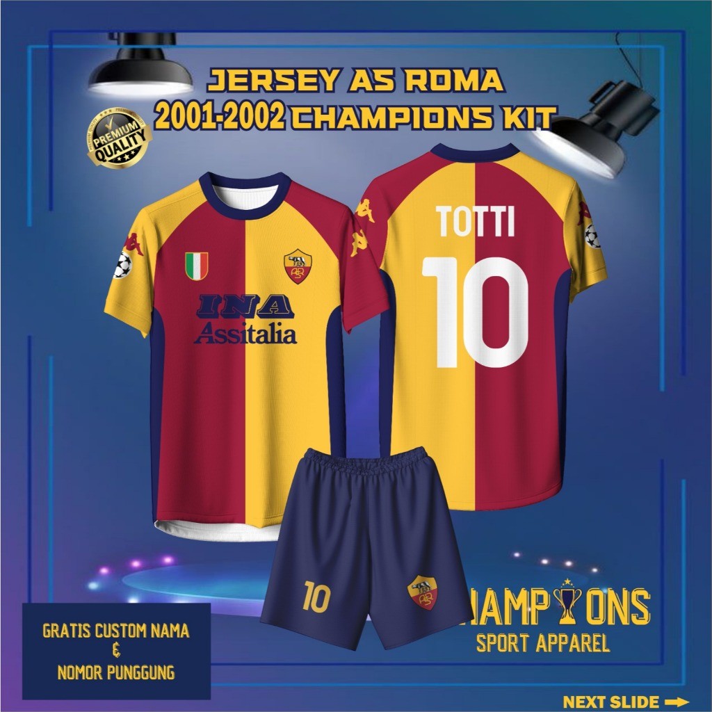 Jersey Sepak bola custom AS ROMA 2001-2002 CHAMPIONS KIT – Full Printing Dryfit Milano | Nama & Nomo