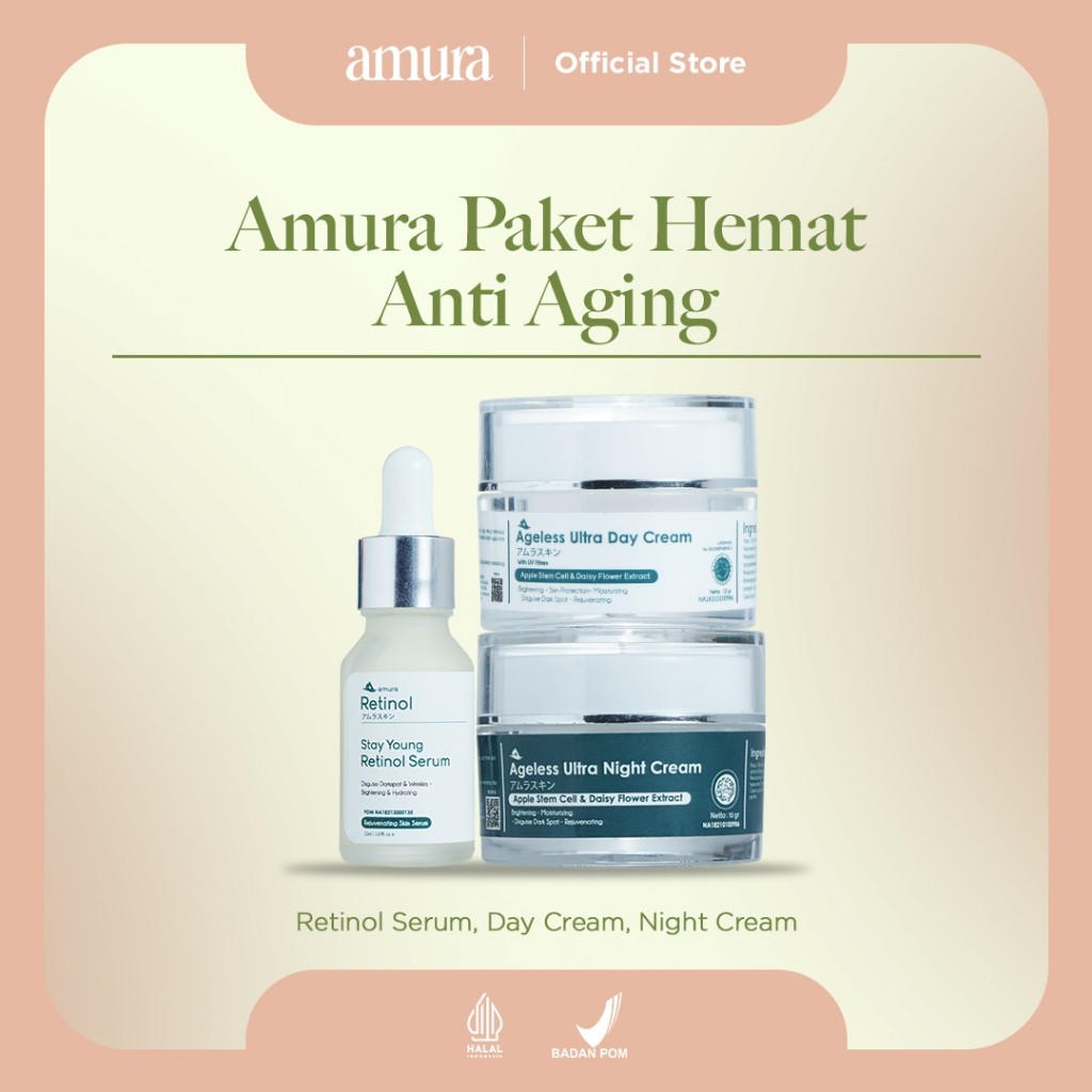 Amura Paket Hemat Anti Aging - Lawan Kerutan dan Flek Hitam Bandel (Retinol, Night Cream, Day Cream)