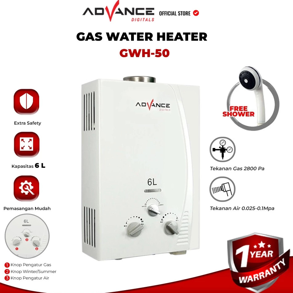 TERLARISAdvance GWH50 Water Heater Gas / Pemanas Air Panas Kamar Mandi - BONUS Kepala Shower & Selan