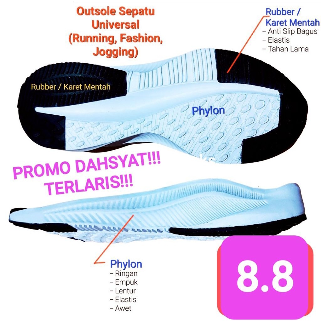 TERLARIS DM-2  Outsole Sepatu Running, Olahraga, Fashion, Sekolah, (Phylon + Rubber/Karet Mentah) ff