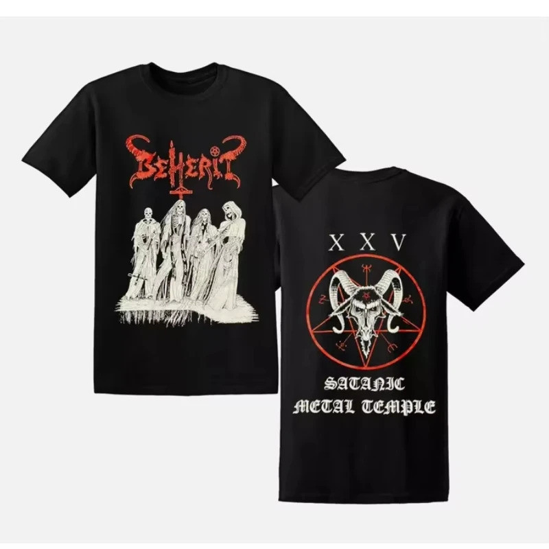 Mode Cetak 2025 Musim Panas Fashion Baru Santai Lengan Pendek BEHERIT - Kaos "Satan Metal Temple - B