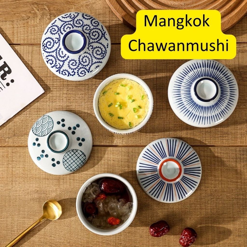 Mangkok Keramik Kecil Chawan Mushi dengan Tutup Japanese White Blue Stew Bowl Cup with Lid Stripes 1