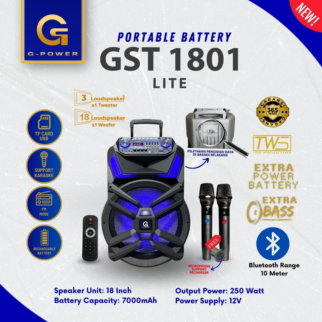 (instan) G-POWER Speaker Bluetooth Gst-1801 Lite Bluetooth Bass 18 Inci Speaker Karaoke Meeting
