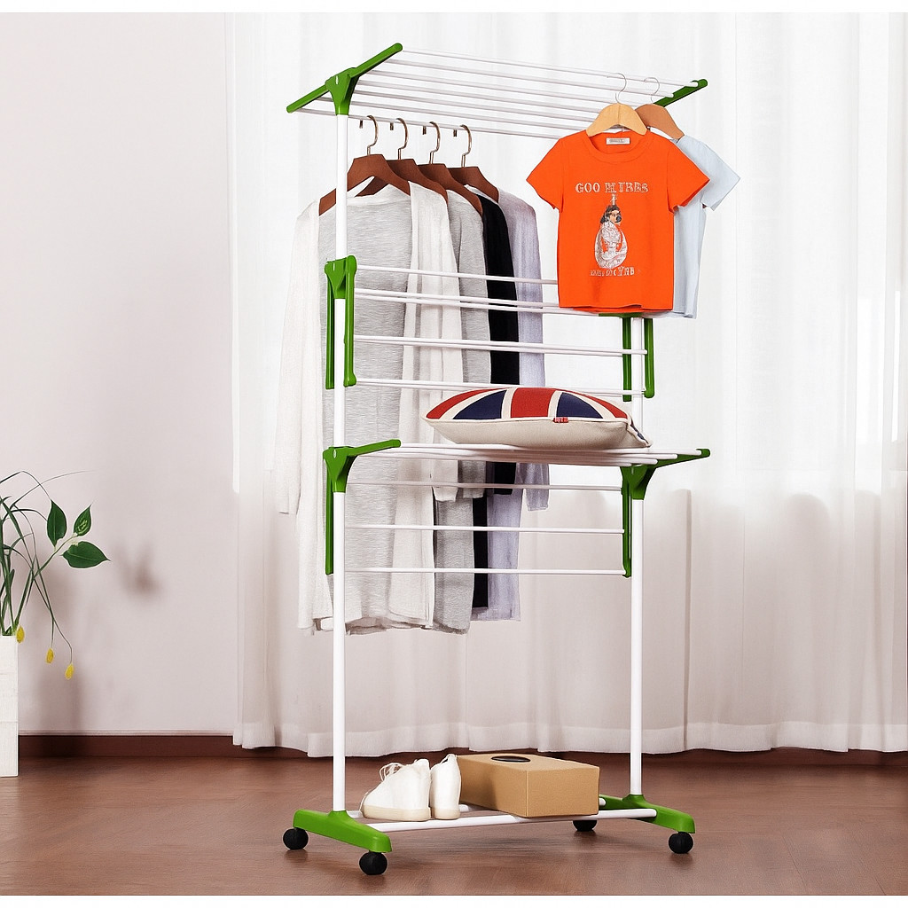 Jemuran 4 Susun Rak Baju Handuk Sepatu Lipat Hanger Dengan Roda / Gantungan Pengering Pakaian Stainl