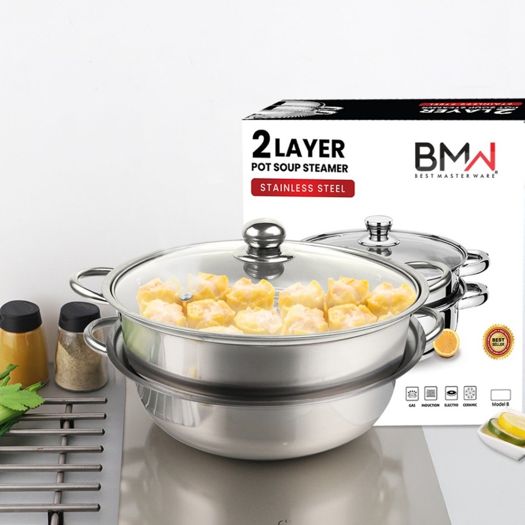 Panci Kukus 2 Susun BMW Kitchenware Panci Set Steamer Stainless Kukus Ikan Siomay Bakpao Panci Kukus