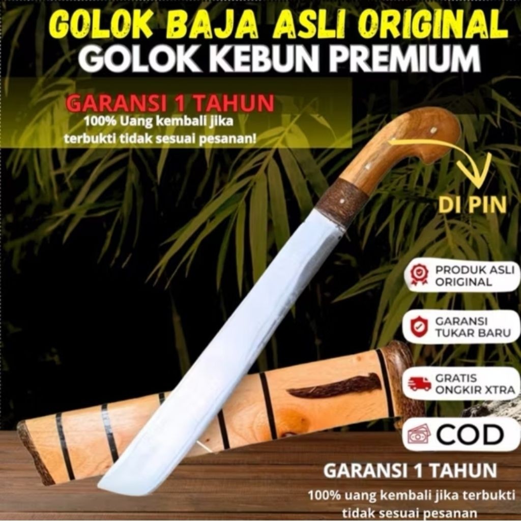 Golok Asli Baja per Bilah Super Tajam Panjang 30 cm, Gagang Full Tang dengan Pin Kokoh, Sarung Kayu 