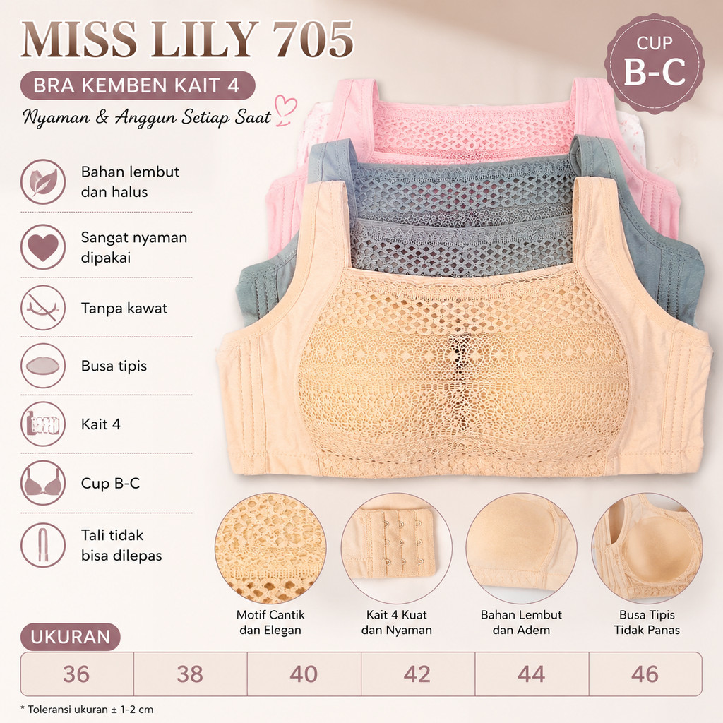 3PCS BRA KEMBEN MISSLILY MEWAH ELEGAN EXTRA COMFORT BRA KEMBEN MISSLILY CUP B-C uk 36-46 BH KAIT 4 B