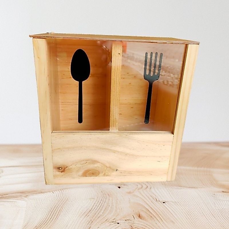 Tempat sendok garpu kayu tertutup/holder sendok garpu kayu acrylic tertutup/rak sendok garpu tertutu