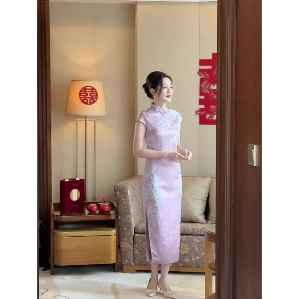 20266v Dress wanita bordir Cheongsam, Gaun baru