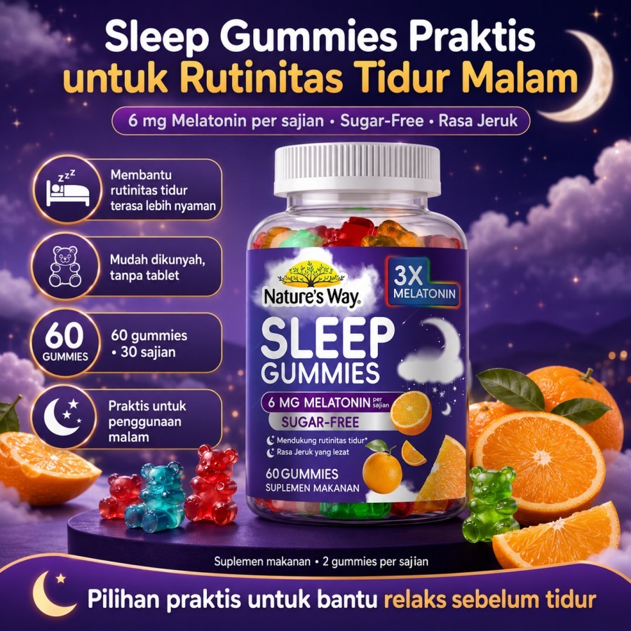 Nature’s Way Sleep Gummies 60 Gummies Melatonin 6mg Sugar Free Suplemen Tidur Bantu Tidur Lebih Nyam