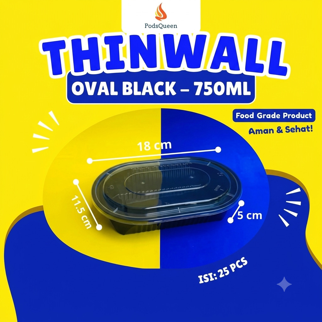 Thinwall 750 ML Oval Persegi Rectangle Black Hitam 750ML (25 PCS)