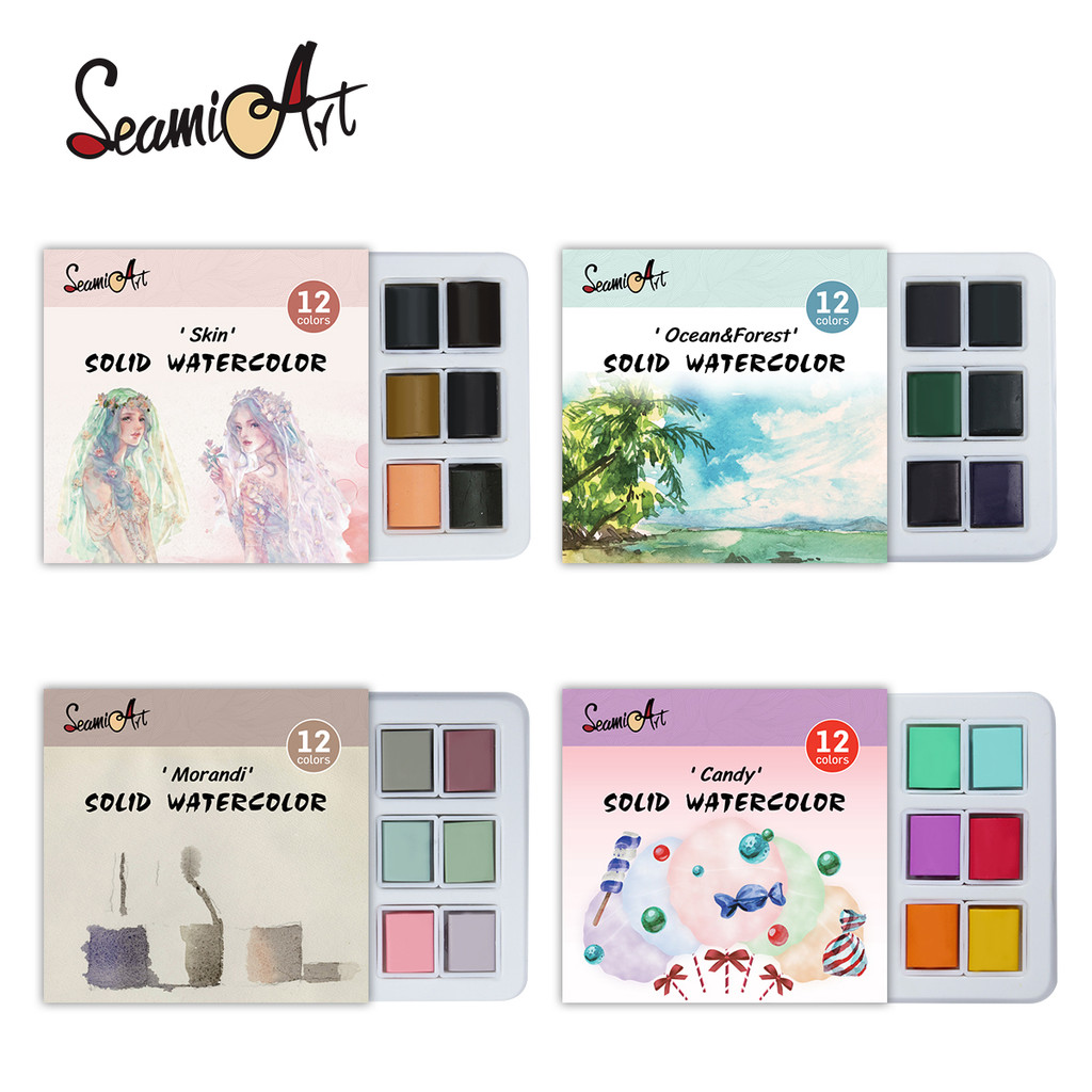 

SeamiArt 12Color Skin/Ocean/Candy/Moran Solid Watercolor Set Simple Package for Painting Art Supplies