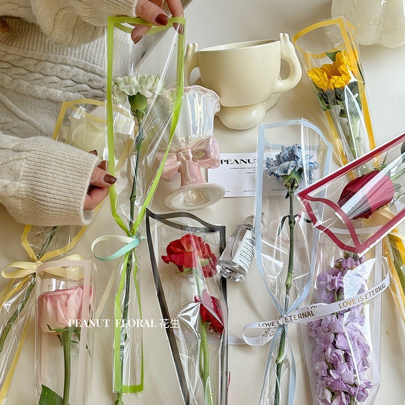 

[ECER 1 PCS] PLASTIK BUNGA MAWAR 1 TANGKAI TRANSPARANT LIST / WRAPPING SINGLE MINI BOUQUET OPP
