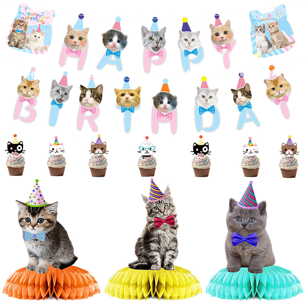Cat Theme Birthday Party Decorations Cat Honeycomb Centerpieces Cat Happy Birthday Banner Cake Toppe