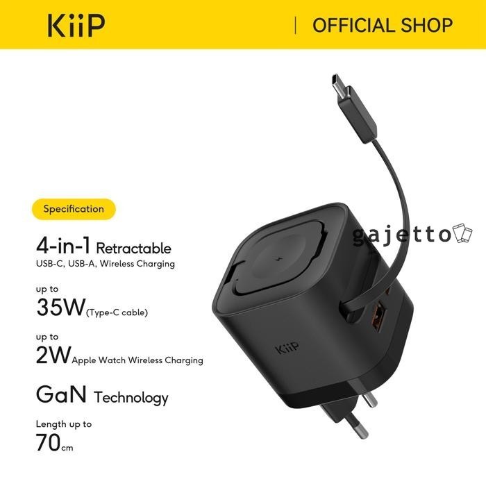 KiiP WH30 3in1 Adapter Fast Charger GaN 35W Retractable Cable Built in Magnetic Wireless Apple Watch