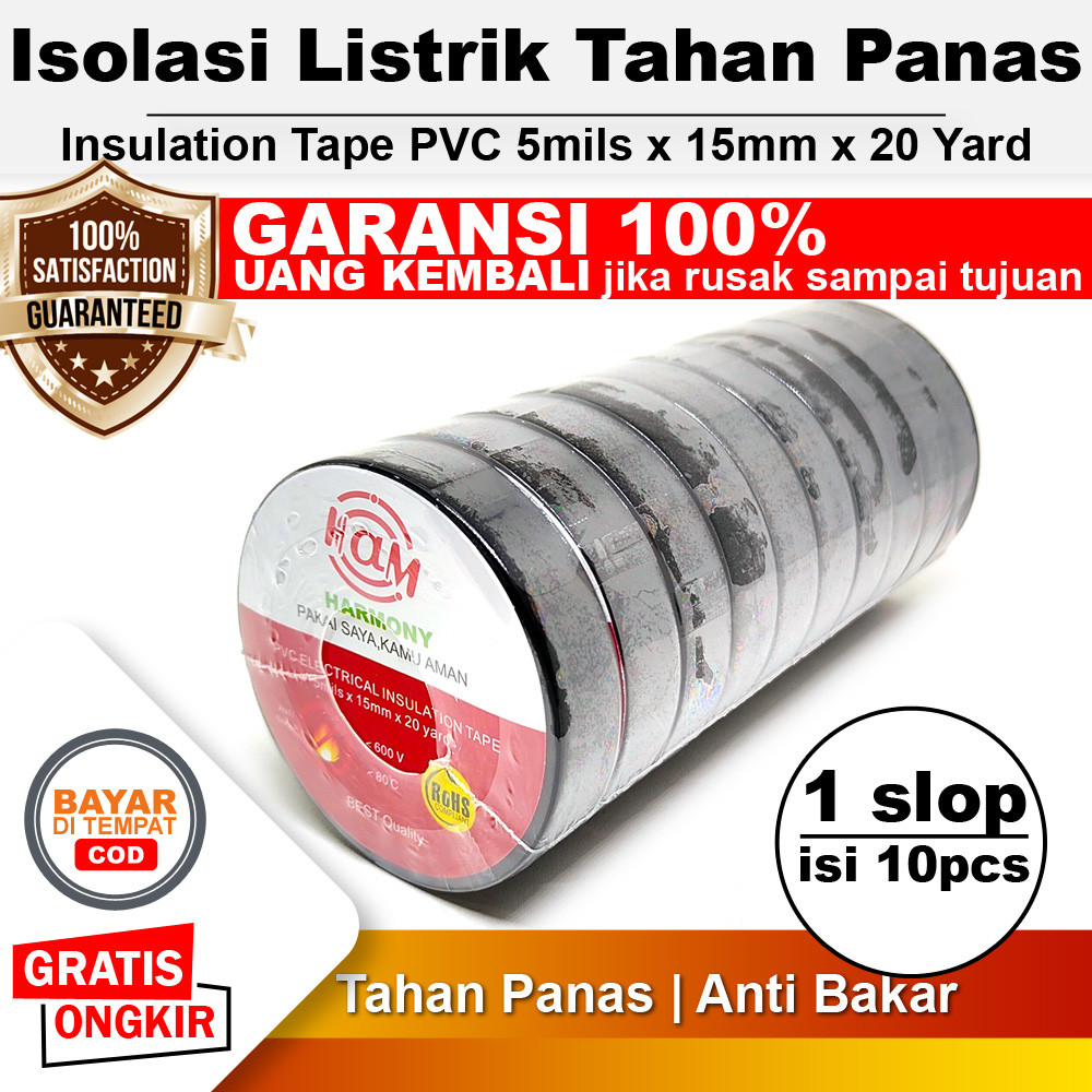 1 Slop isi 10 pcs - Isolasi Listrik Tahan Panas Solasi Hitam Harmony Insulation Tape PVC 5mils x 15m
