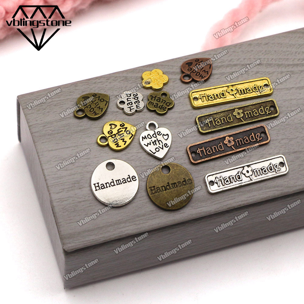 

Metal Labels Handmade Labels Silver Bronze Alloy Charm Heart Flower Round Shape Hand Made Tags For Clothing Sew Accessories