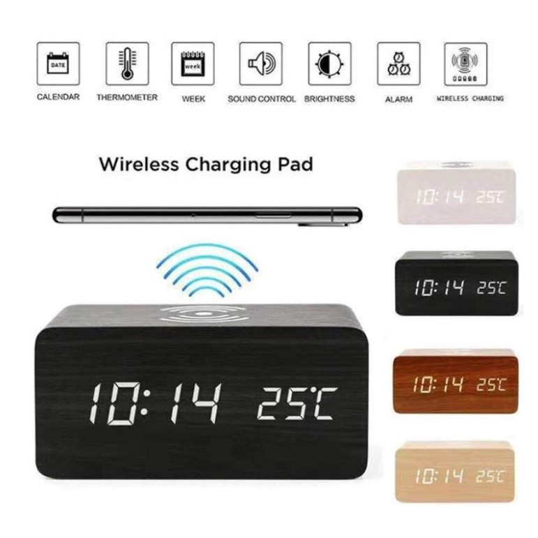 GERISAL JD-06 Jam Digital Kayu Led Weker Fitur Wireless Charging Wooded Alarm LED Clock Waker Suhu t