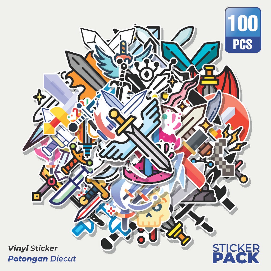 

100 PCS STIKER Stiker Pedang [Sword] Waterproof Aesthetic- Untuk Laptop, Motor, dan Helm - Paper Stationery Pack
