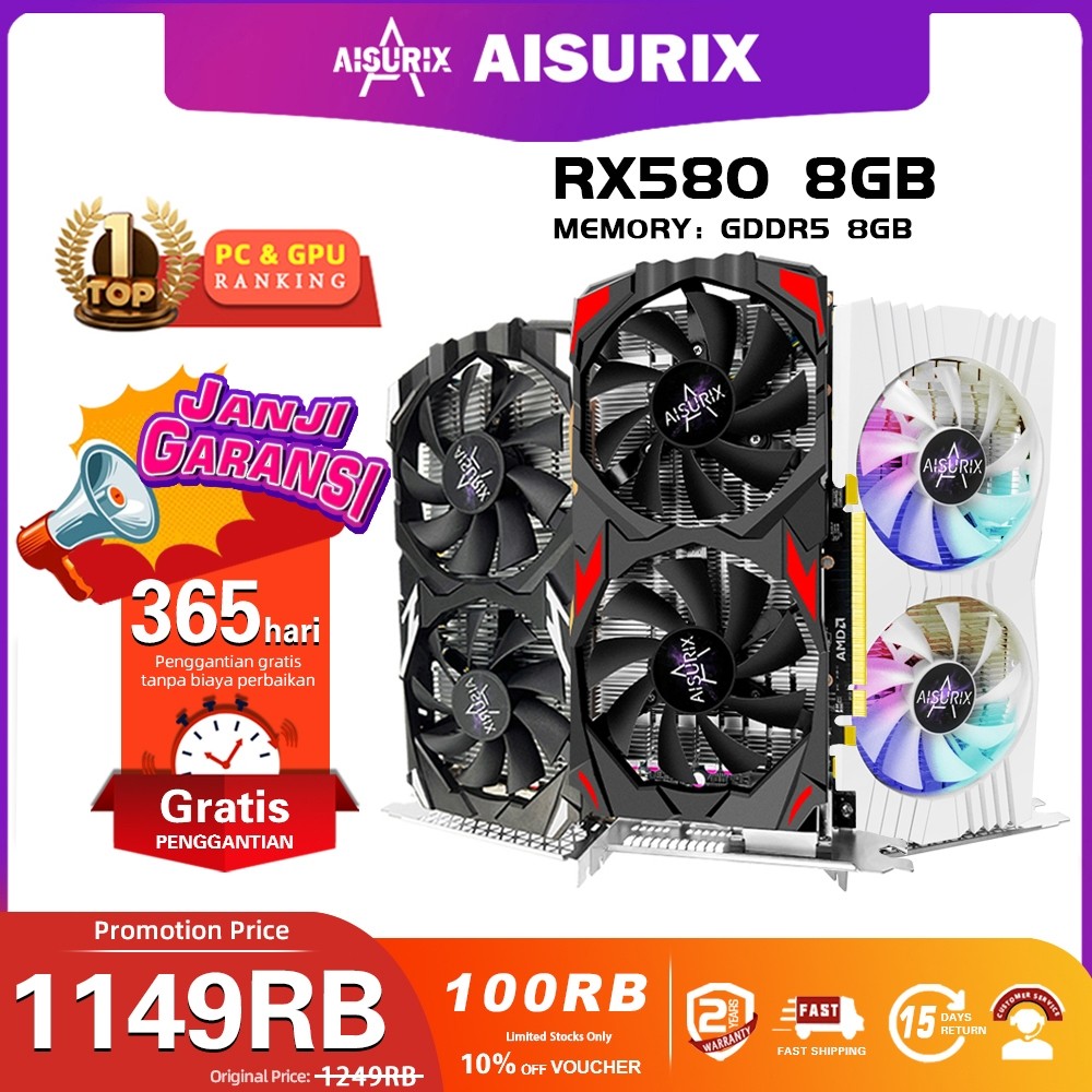 fitryparasit AISURIX VGA Card RX 580 8GB GDDR5 256Bit 2048SP HDMI PC Gaming AMD Radeon RX580 8G VGA
