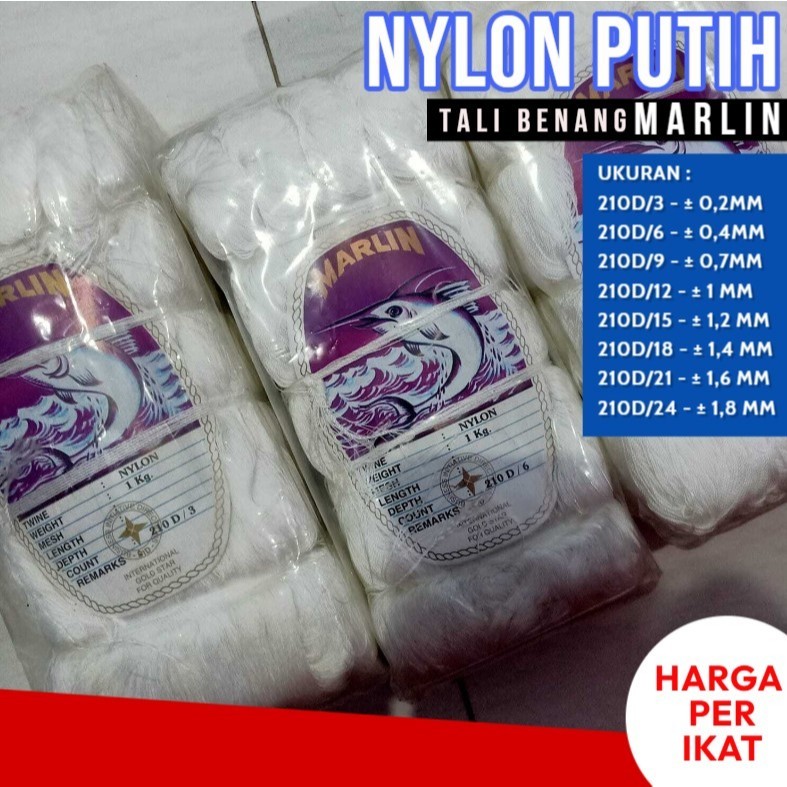 BENANG NILON NYLON WARNA PUTIH MEREK MARLIN UKURAN D3 D6 D9