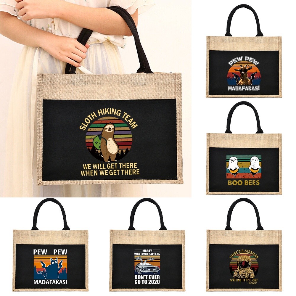 Jute Handbag Women Shopping Linen Shoulder Sacks Jute Imitation Sack Linen Bags Tote Laminated Bags 