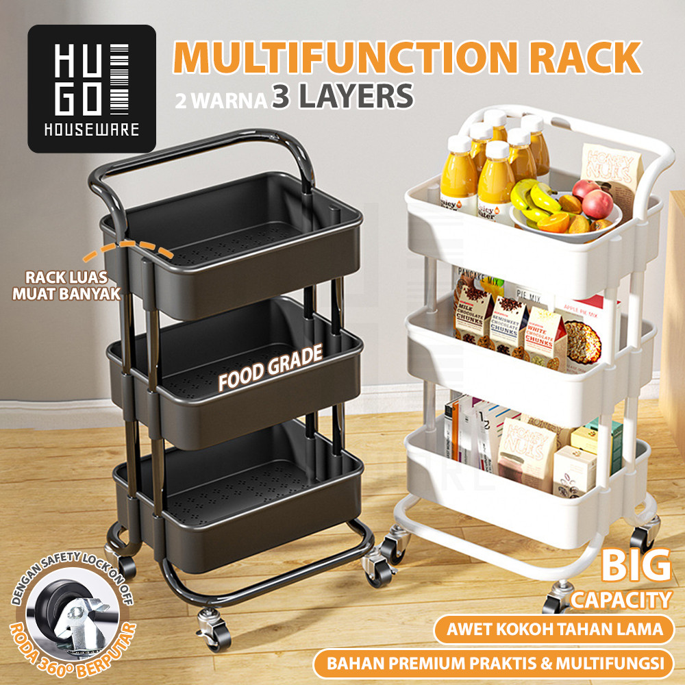 

HUGO Rak Dapur Dorong Besi Stainless Steel Rak Troli Susun Serbaguna dengan Roda dan Pegangan