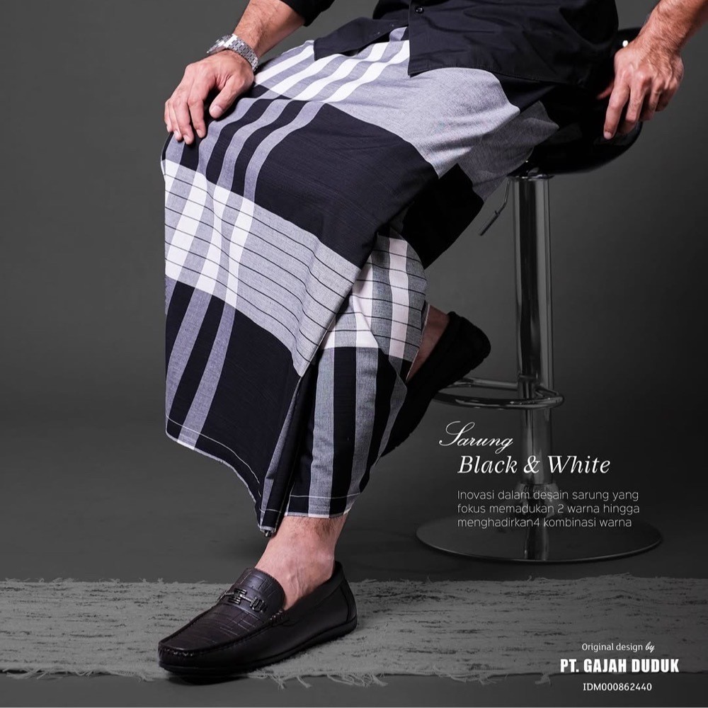 GAJAH DUDUK BLACK AND WHITE Dewasa| Sarung Pria Hitam Putih Full Motif Katun Rayon Lembut