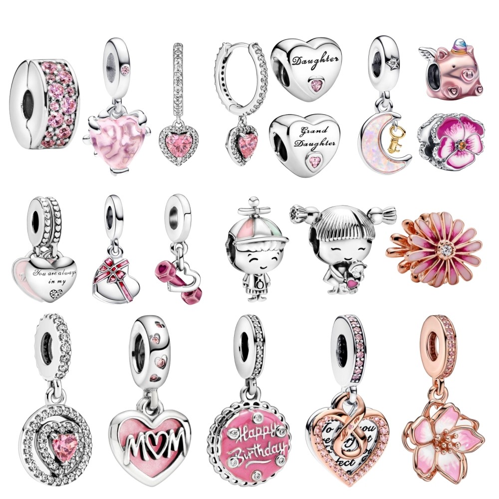Silver Plated 925 Pink Flower Daisy Love Charm Pendant Beads Fit Original Pandora Bracelet Girl Part
