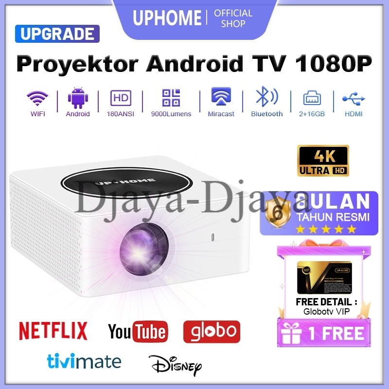 Promo【NEW UPGRADE】UPHOME Proyektor Android TV 1080P HDMI 9000 Lumen Smart Projector Android 13.0 Ram