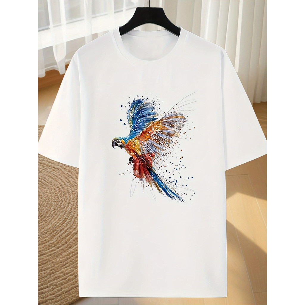 1 Buah Kaus Gambar Burung Beo Tropis Putih Pria Kaus Bersirkulasi Kasual, Kaus Grafis, Kaus Pria, Ka